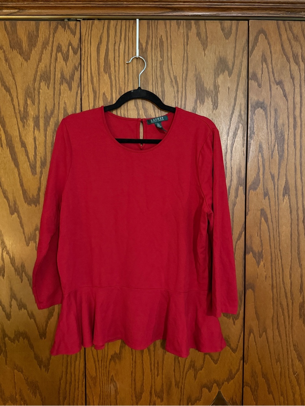 Lauren Ralph Lauren Red Peplum Top Women’s XL 3/4 Sleeve Stretch Knit Blouse